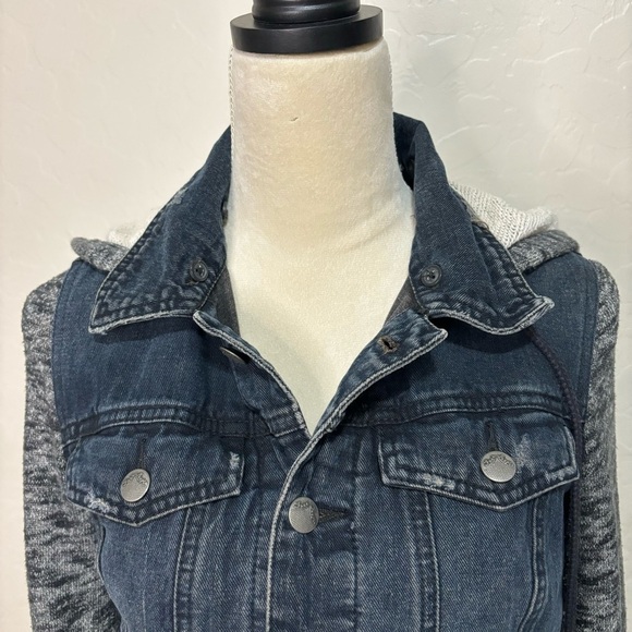 Free People Distressed Denim Jean Knit Sweatshirt Hoodie Jacket size XS - Picture 7 of 13